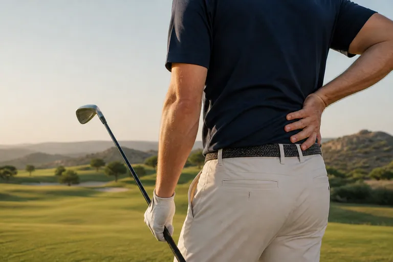 Golfer holding his lower back while standing with a golf club